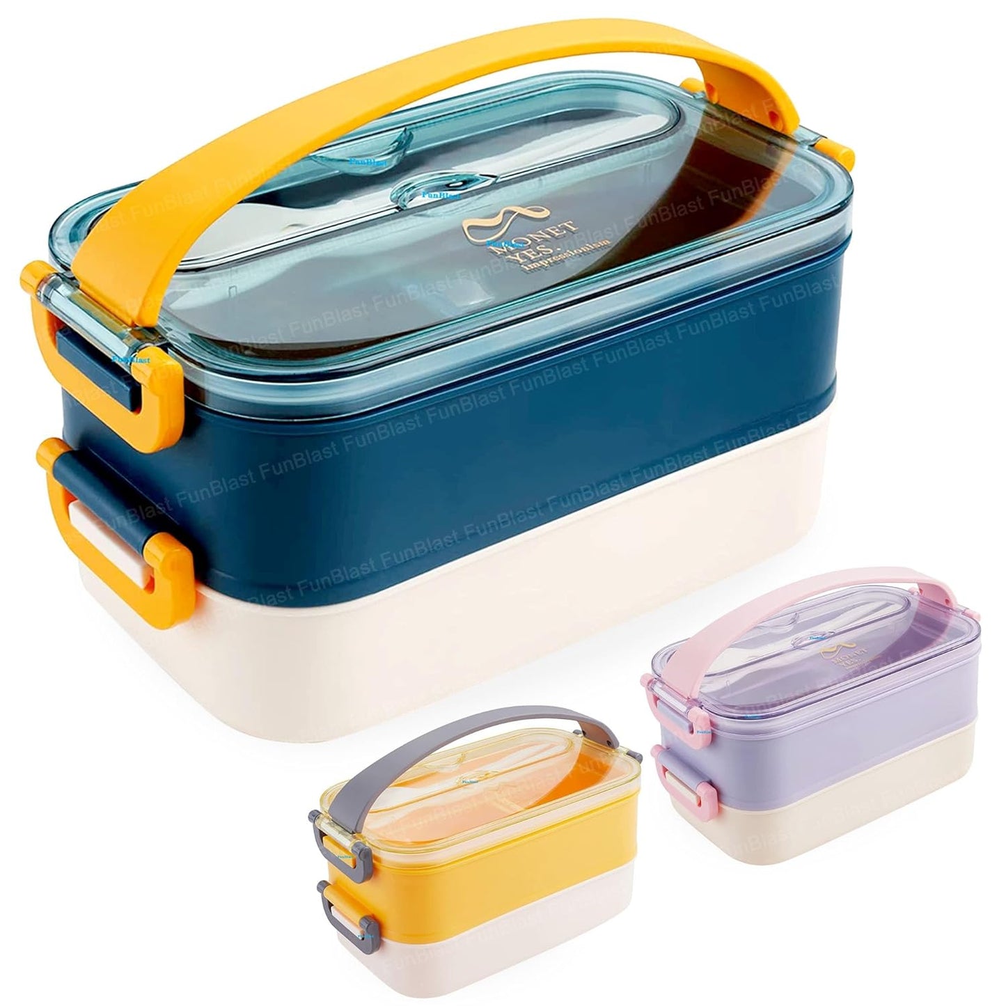 Stainless Steel Double Decker Bento Lunch Box with Handle Leak Proof Lunch Box with Fork & Spoon (3 Compartment)