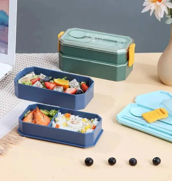Double Decker Monochrome 2 Layer Lunch Box With Cutlery BPA Free Plastic