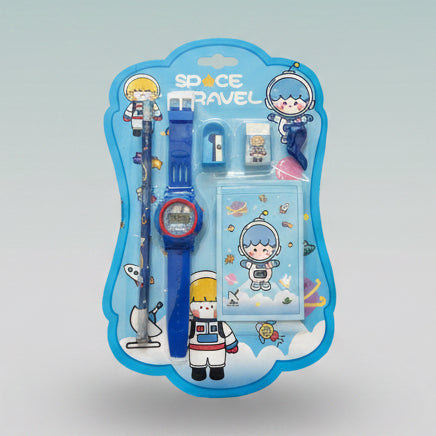 Gift Hub Mart Hello Stationery Set With Watch, blue space travel themed stationery kit