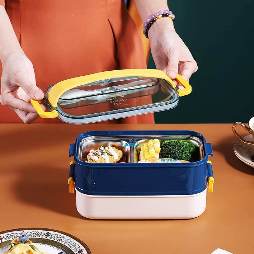 Stainless Steel Double Decker Bento Lunch Box with Handle Leak Proof Lunch Box with Fork & Spoon (3 Compartment)