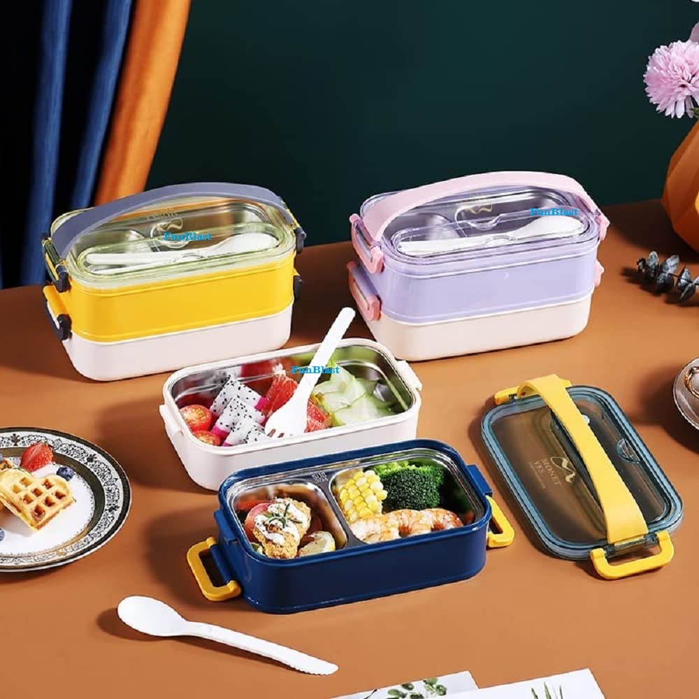 Stainless Steel Double Decker Bento Lunch Box with Handle Leak Proof Lunch Box with Fork & Spoon (3 Compartment)
