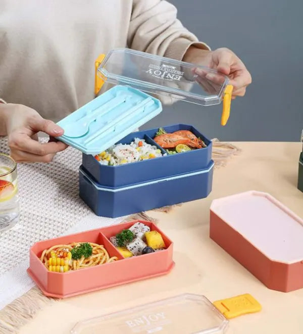 Double Decker Monochrome 2 Layer Lunch Box With Cutlery BPA Free Plastic