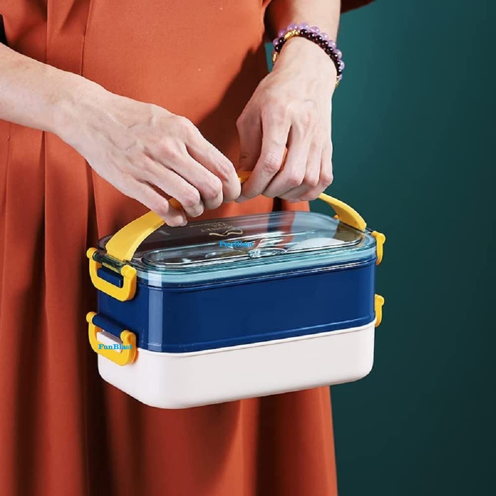 Stainless Steel Double Decker Bento Lunch Box with Handle Leak Proof Lunch Box with Fork & Spoon (3 Compartment)