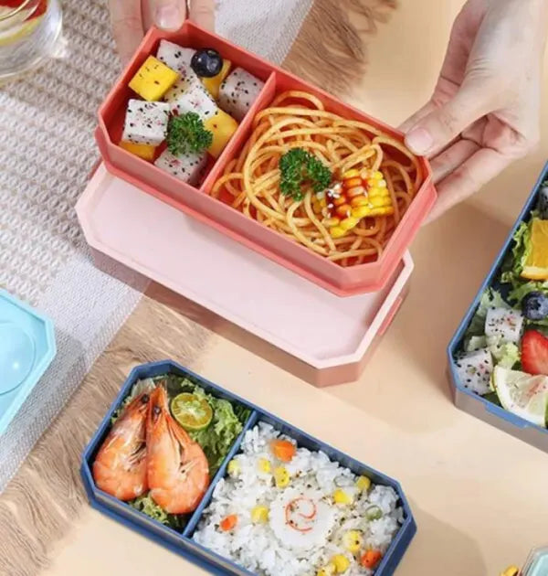 Double Decker Monochrome 2 Layer Lunch Box With Cutlery BPA Free Plastic