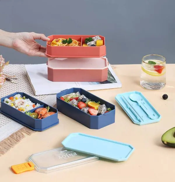 Double Decker Monochrome 2 Layer Lunch Box With Cutlery BPA Free Plastic