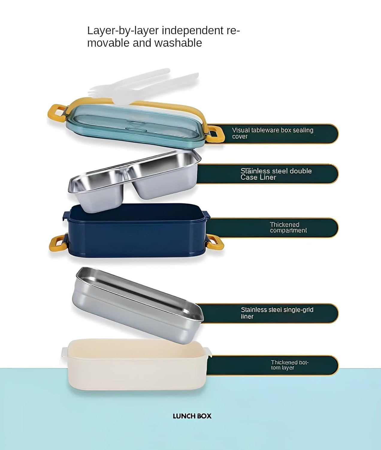 Stainless Steel Double Decker Bento Lunch Box with Handle Leak Proof Lunch Box with Fork & Spoon (3 Compartment)