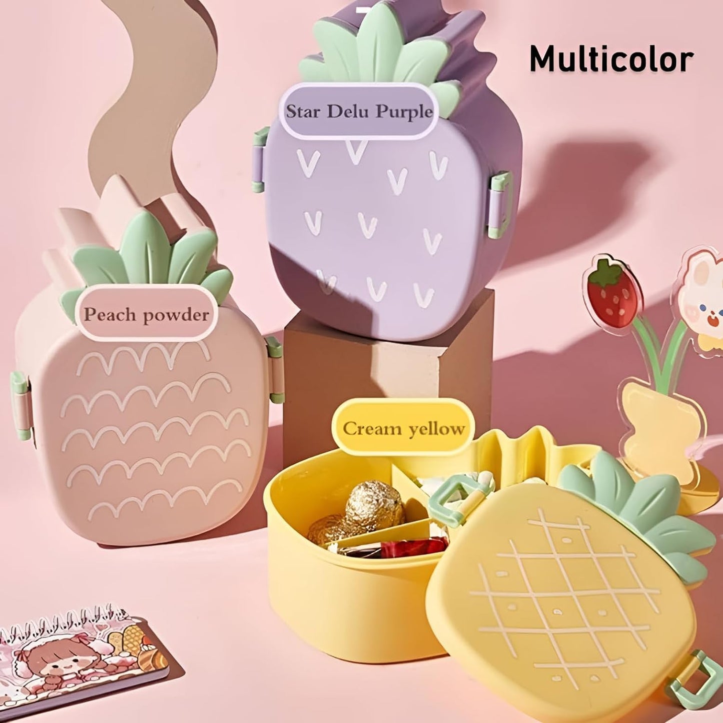 Fancy Pineapple Shaped Lunch Box with Cutlery 1000ML Three Compartment Box