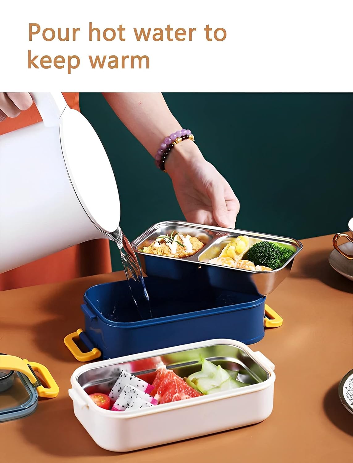 Stainless Steel Double Decker Bento Lunch Box with Handle Leak Proof Lunch Box with Fork & Spoon (3 Compartment)