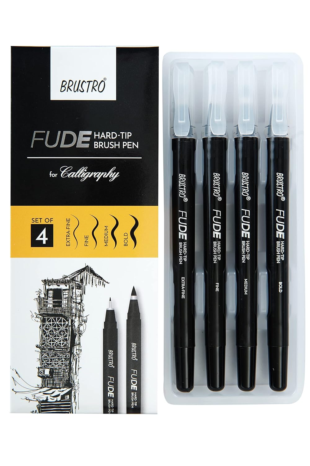 Fude Hard Tip Brush Pen Set of 4 Brustro