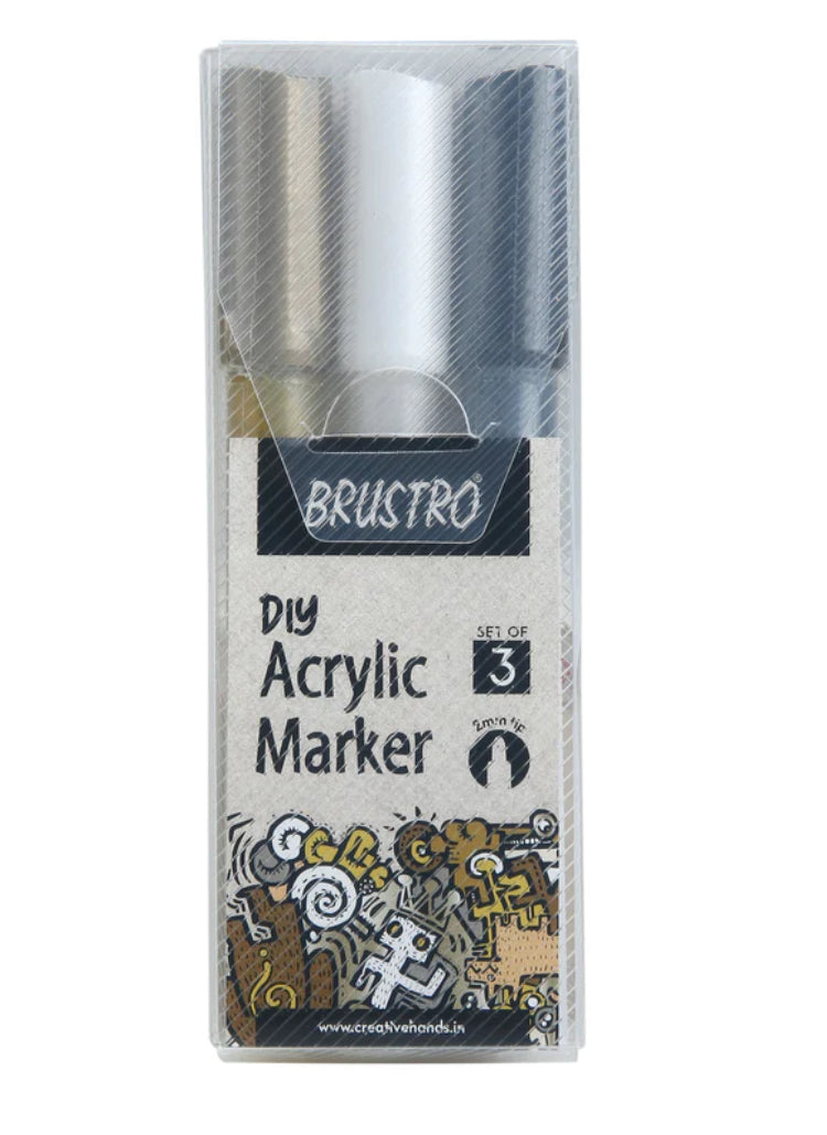 Acrylic Marker set of 3(Black, White, Gold) Brustro