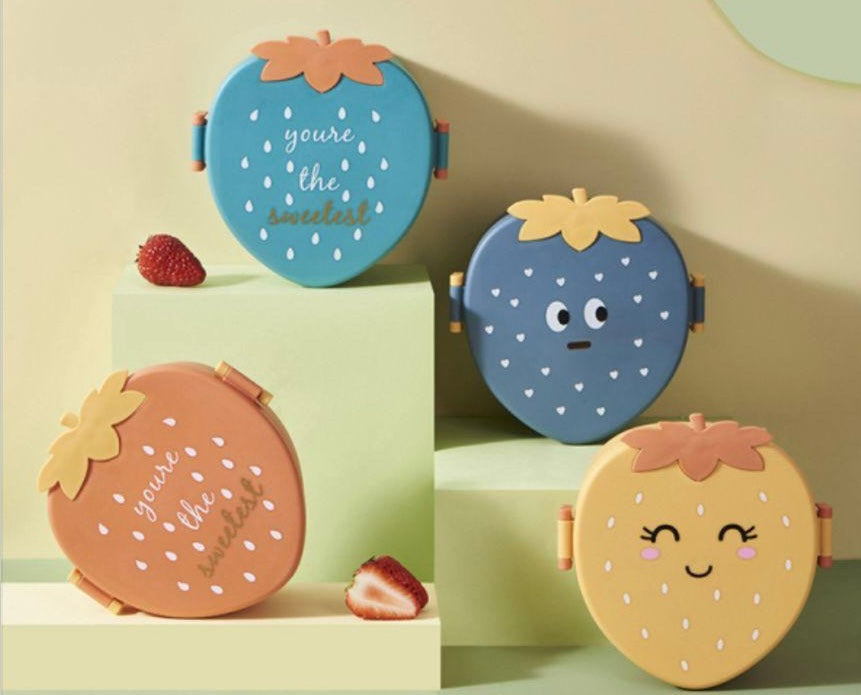 Fancy Strawberry Shaped Lunch Box with Cutlery 1000ML Three Compartment Box
