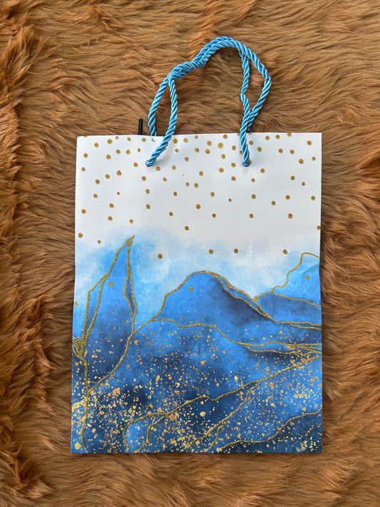 Paper Bag- Blue With Golden Alcohol Ink Design 18x23x10 Cms