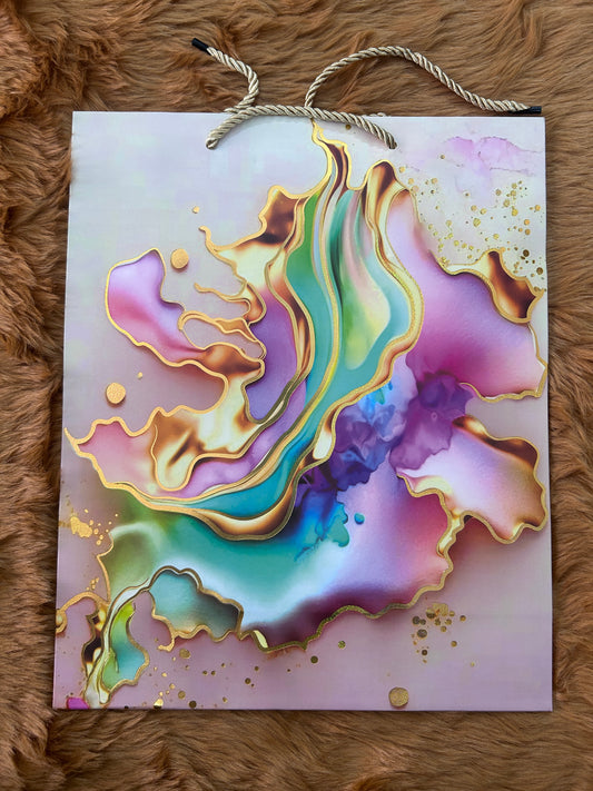 Paper Bag- Pink With Multicolour Alcohol Ink Design 26x32x10 Cms