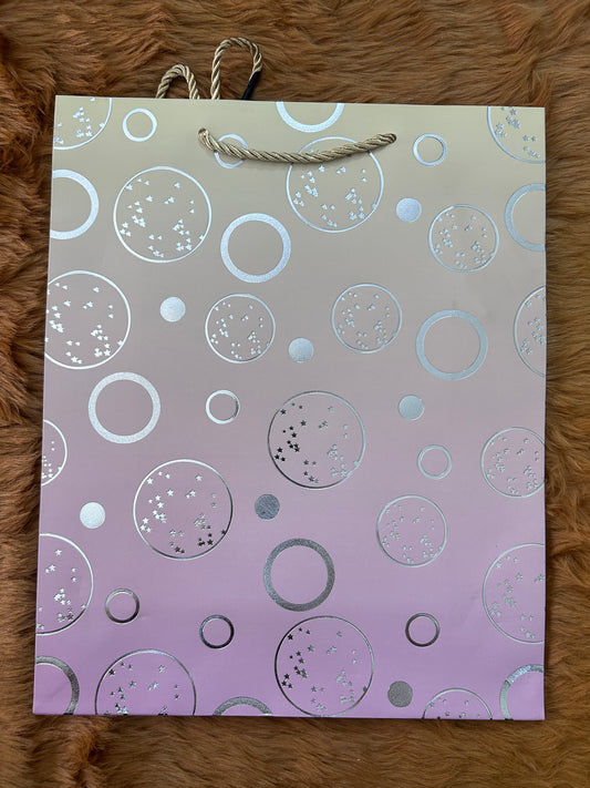 Paper Bag- Pink Cream Shaded With Silver Circles 26x32x10 Cms