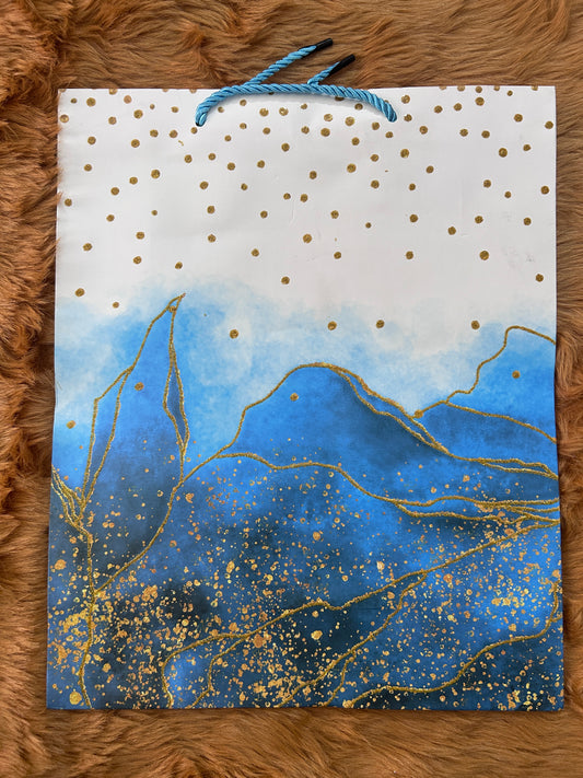 Paper Bag- Blue With Golden Alcohol Ink Design 26x32x10 Cms