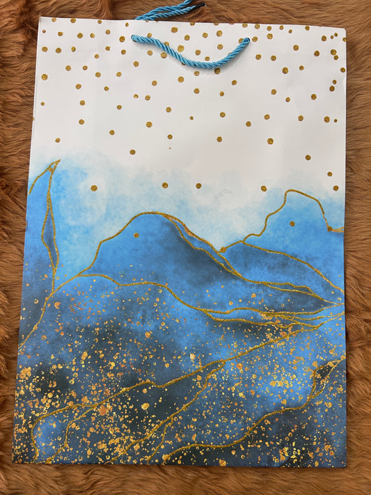 Paper Bag- Blue With Golden Alcohol Ink Design 30x41.5x12 Cms