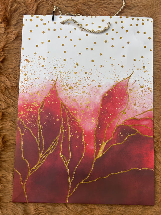 Paper Bag- Red With Golden Alcohol Ink Design 30x41.5x12 Cms
