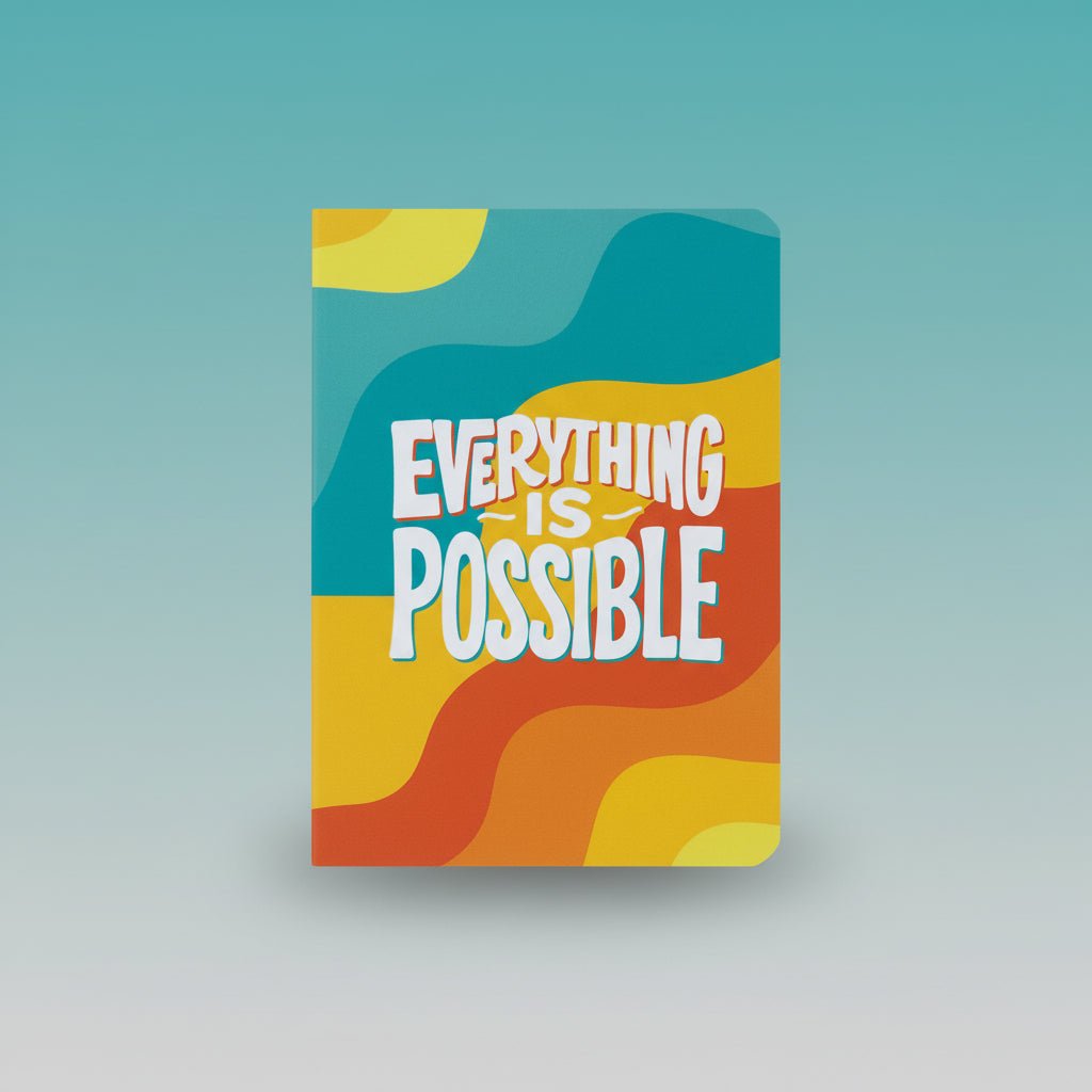 A5 Spiral Notebook by Sundaram – Everything Is Possible, vibrant teal, yellow & orange cover design.