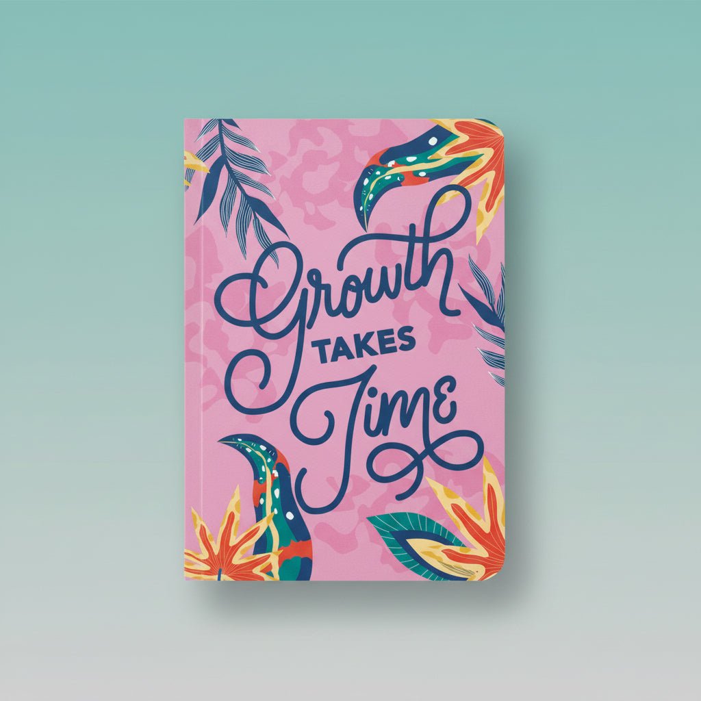 A5 Notebook Growth Takes Time by Sundaram - pink cover with colorful tropical artwork