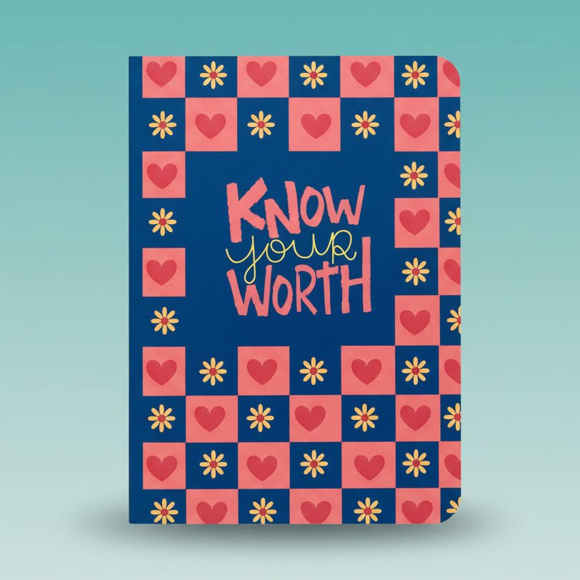 A5 Spiral Notebook Sundaram – Keep On Smiling (Copy) cover in blue with pink checkered hearts and yellow daisies