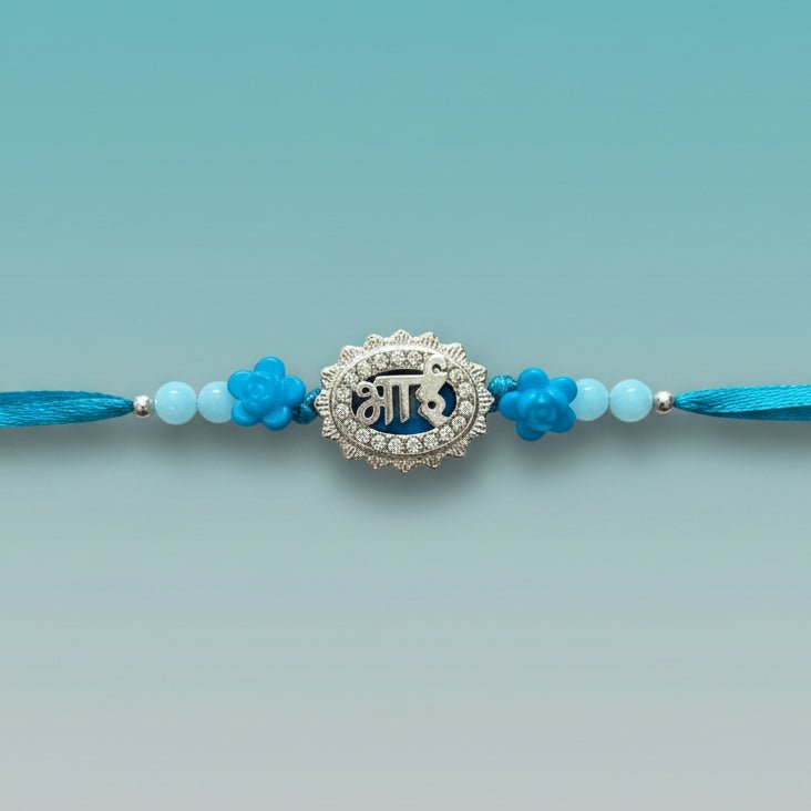 Bhai Firozi Rakhi by Gifthubmart - turquoise blue beads with silver-toned pendant