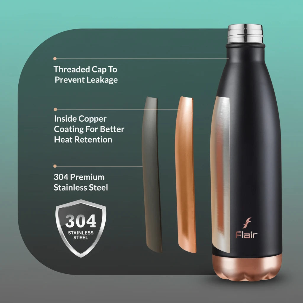 Black Vacuum Insulated Steel Bottle 1000 ml- Flair by Gift Hub Mart