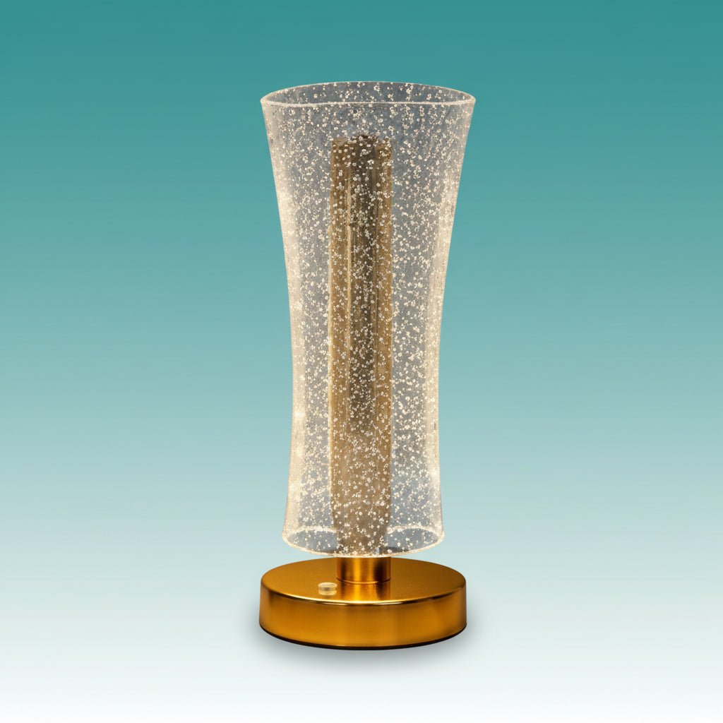 Creatice Table Lamp by Gift Hub Mart, tall speckled glass with warm glow and gold base