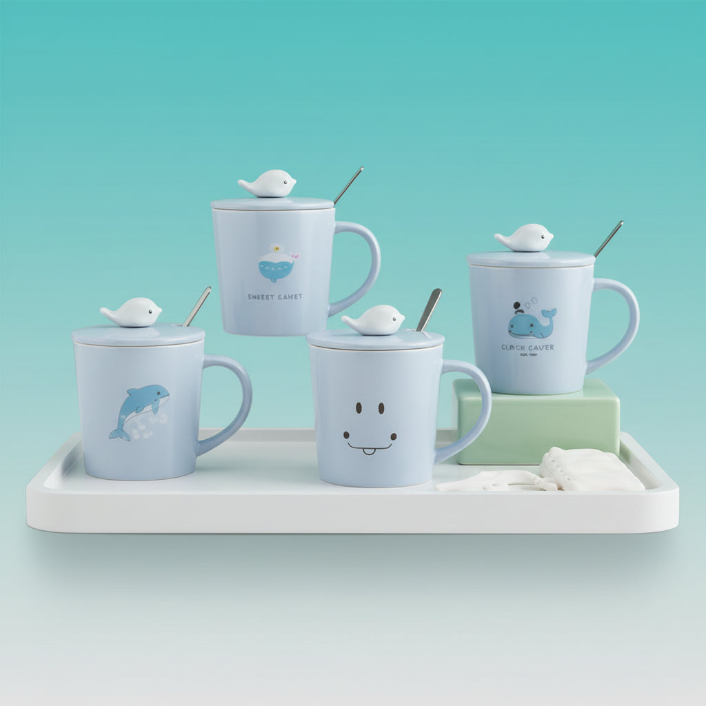 Cute Whale Ceramic Cup with 3D Character Lid and Spoon by Gifthubmart