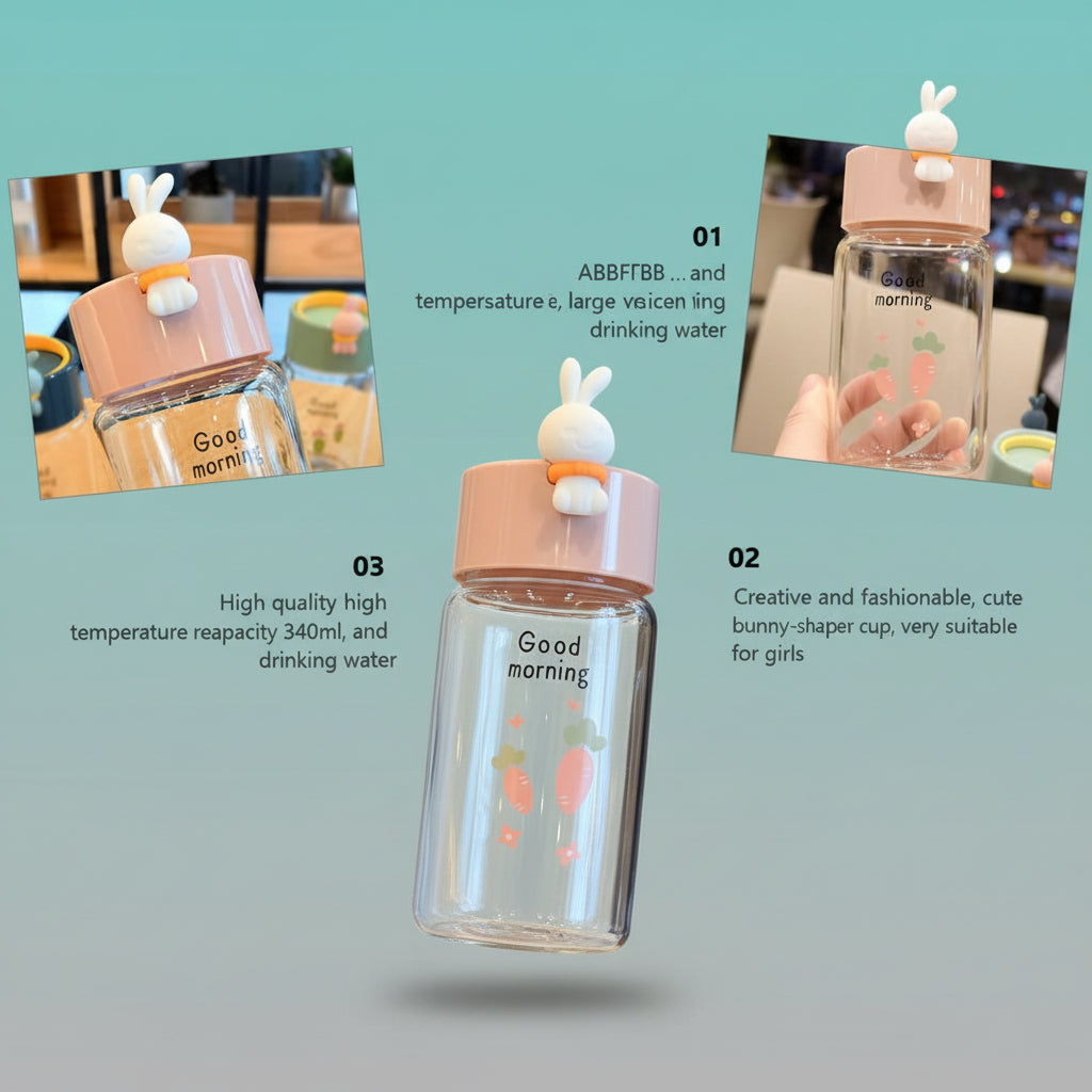 Fancy Rabbit Glass Water Bottle 340ML by Gifthubmart