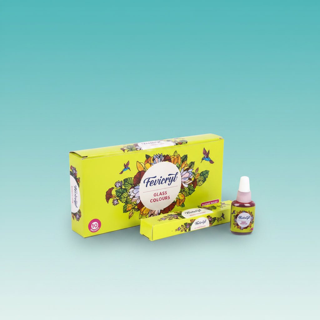 Gift Hub Mart Fevicryl Glass Colour 10 Shades set in a bright yellow box