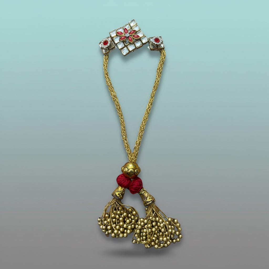 Rakhi by Gifthubmart: Golden Balls Lumba Rakhi with crystal square centerpiece and gold chain