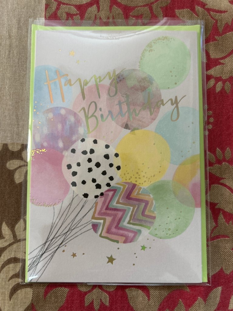 Gift Hub Mart Greeting Cards – pastel birthday design with multicolored balloons and gold accents