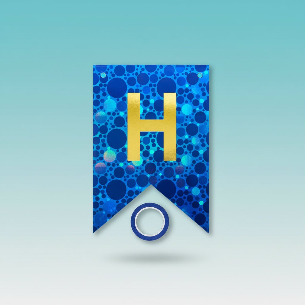 Happy Birthday Banner - Blue by Gift Hub Mart, blue backdrop with gold letters and dotted circle pattern.