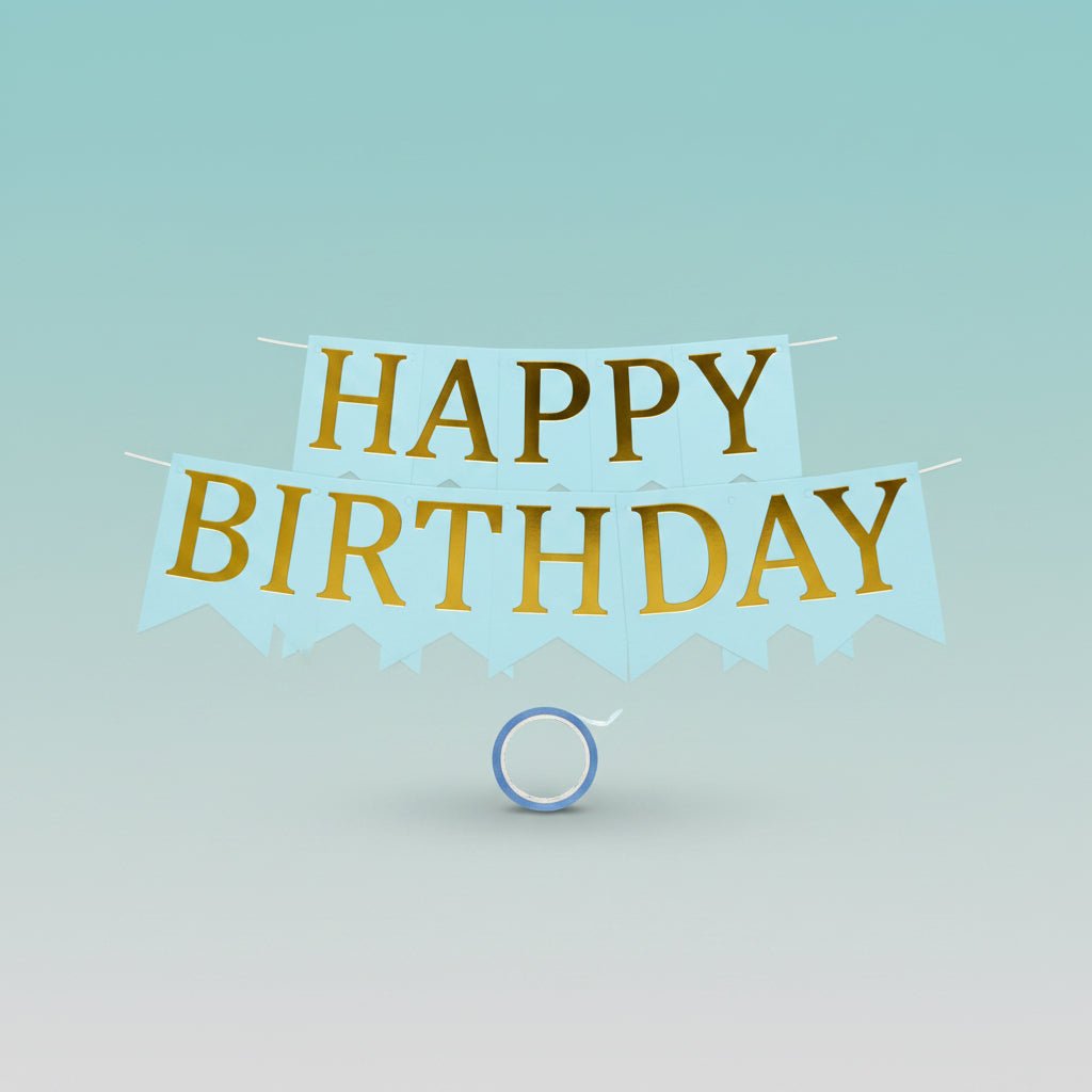 Happy Birthday Banner - Blue by Gift Hub Mart; light-blue card features a large gold H.