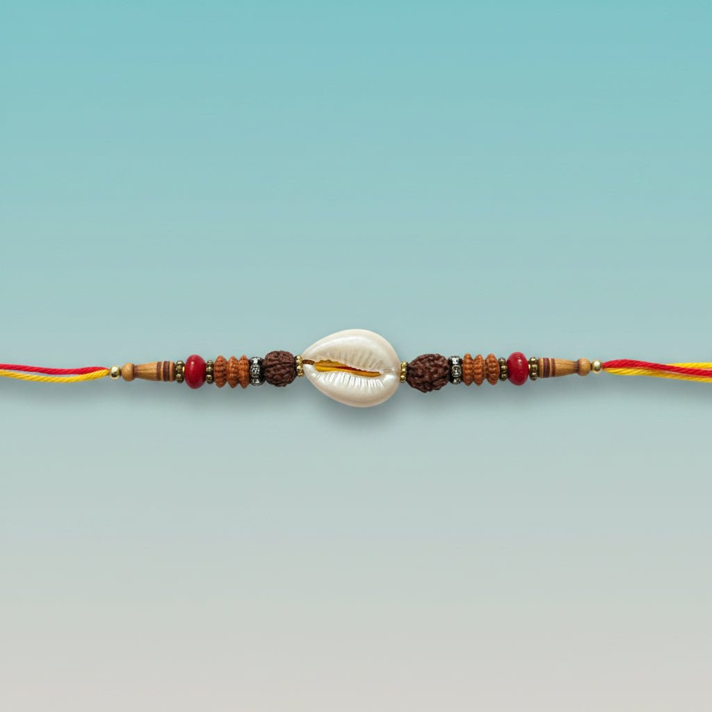 Gifthubmart Kaudi Rudraksh Rakhi 15A with beaded Rudraksha on red-yellow cord