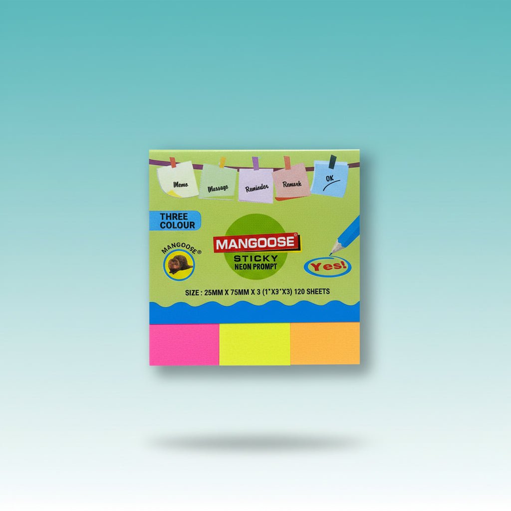 Mangoose 3 Colour sticky notes by Gift Hub Mart in neon pink/yellow/orange, 25x75mm, 120 sheets.