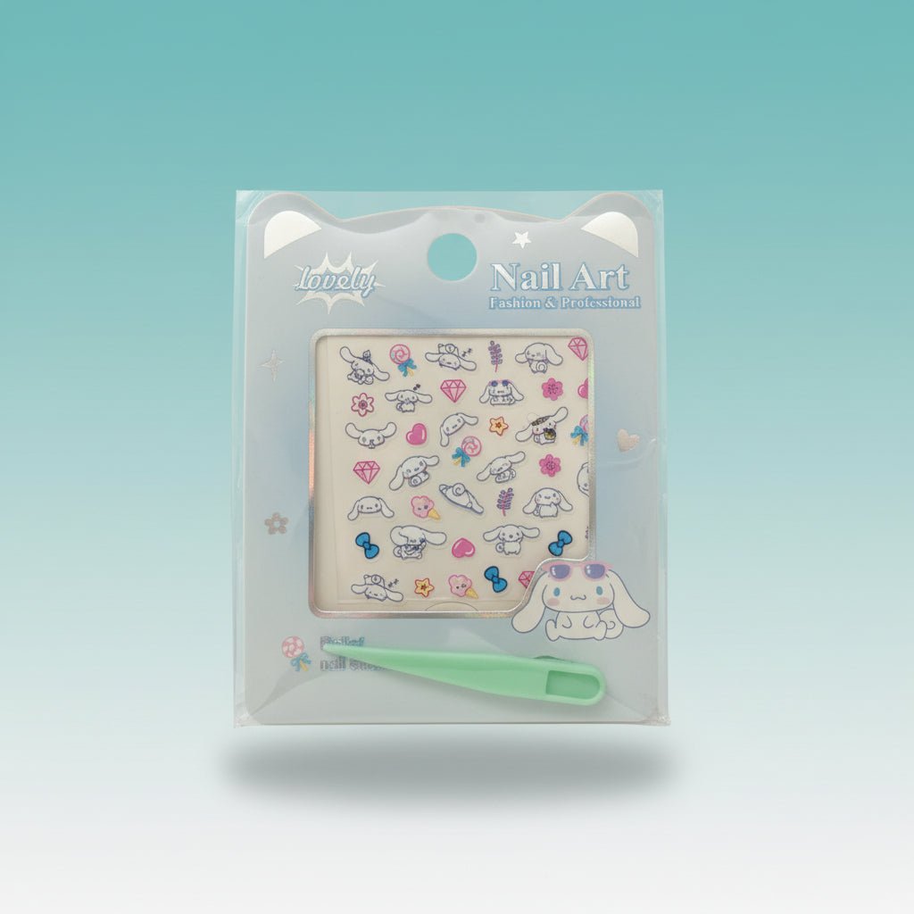 Gift Hub Mart Nail Art Sticker 7777 - cute bunny designs on sheet, pastel blue packaging with mint-green tool