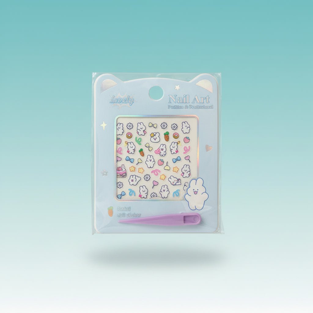 Gift Hub Mart Nail Art Sticker 7777 – colorful bunny-themed nail stickers sheet with pink nail file