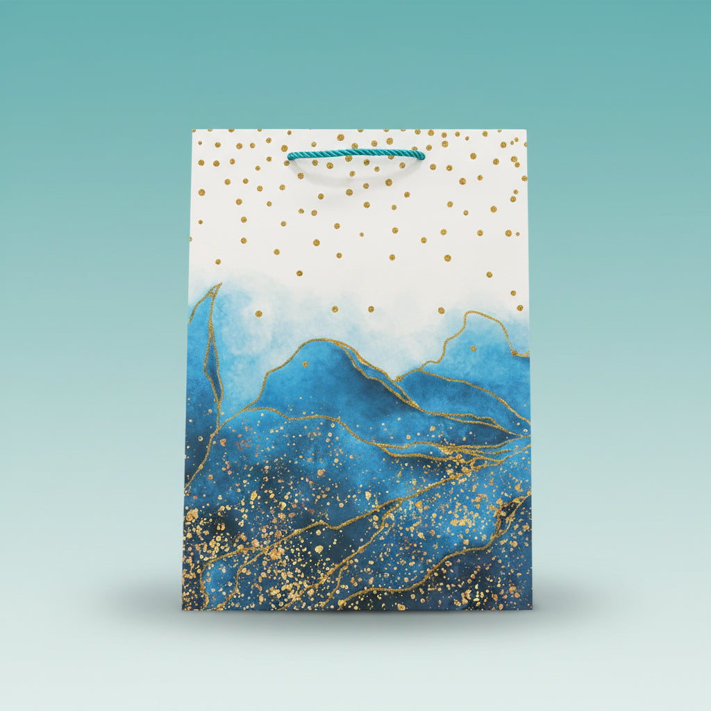Paper Bag- Blue With Golden Alcohol Ink Design 30x41.5x12 Cms by Gift Hub Mart