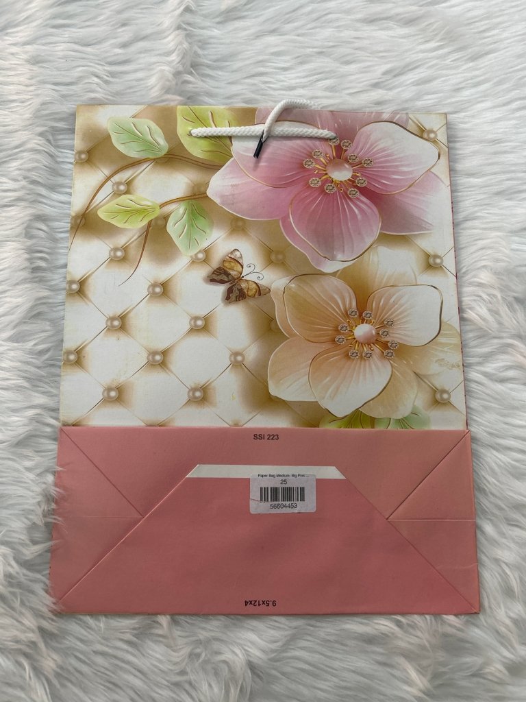Paper Bag Medium Big Pink & Peach Flowers Print by Gifthubmart