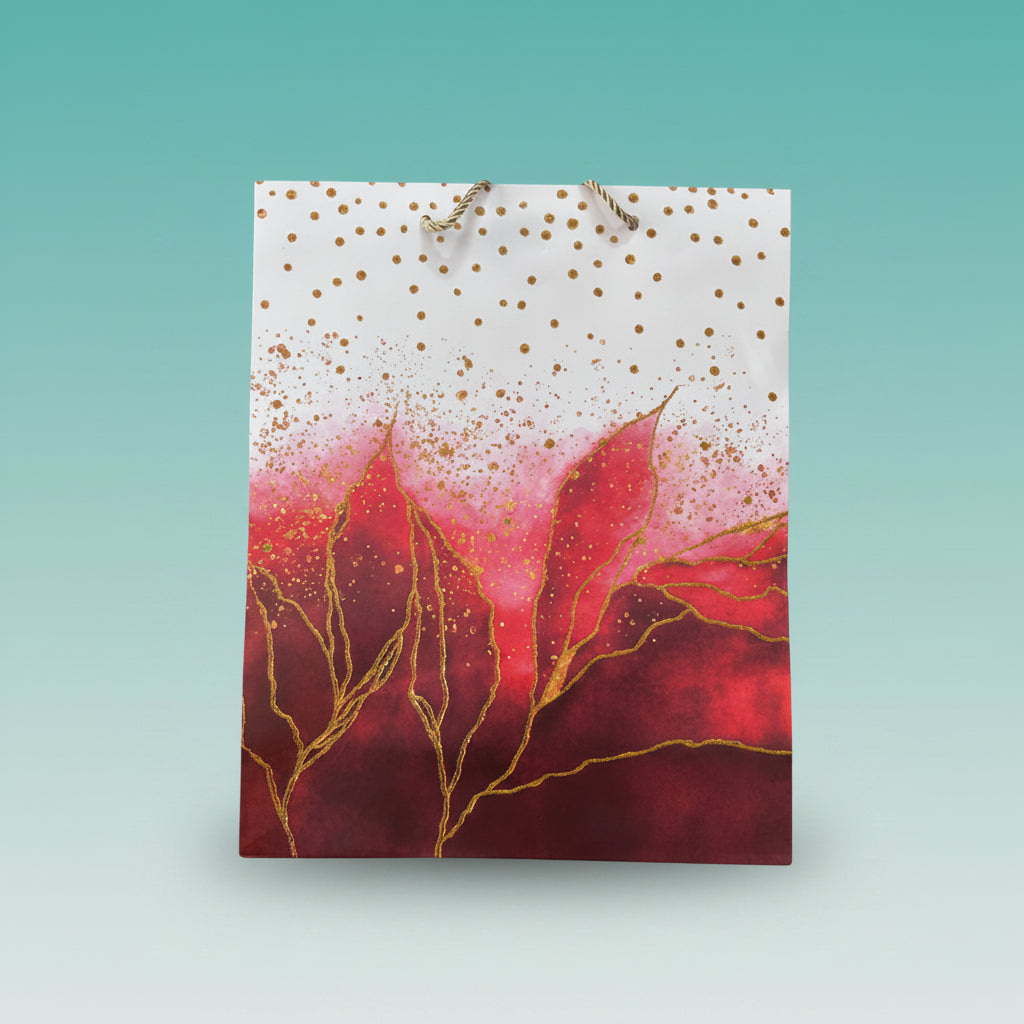 Paper Bag- Red With Golden Alcohol Ink Design 26x32x10 Cms by Gift Hub Mart
