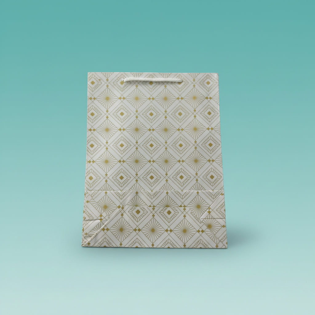 Paper Bag Small White & Golden Geometric Design by Gifthubmart
