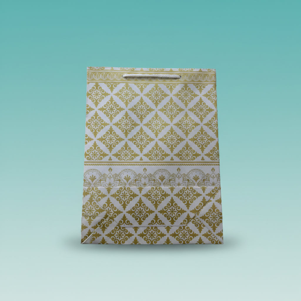 Paper Bag Small White & Golden Rhombus Floral Design by Gifthubmart