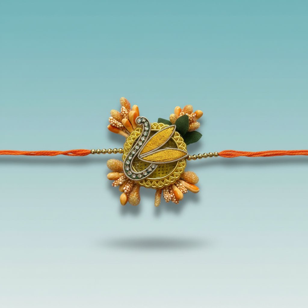 Peach Pollen Rakhi from Gift Hub Mart with orange thread and ornate pendant.