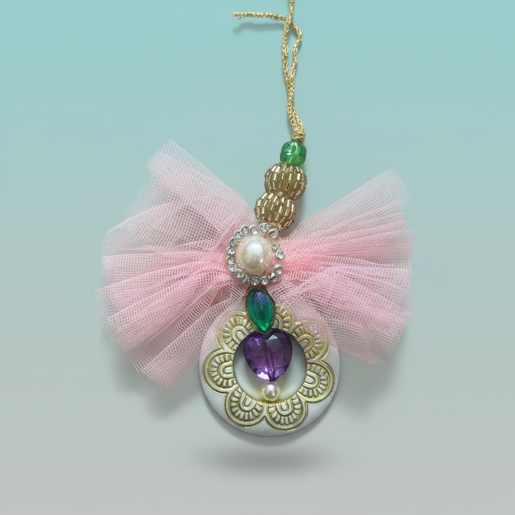 Gift Hub Mart Pink Net Lumba pendant necklace with pink bow, purple centerpiece and pearl accents