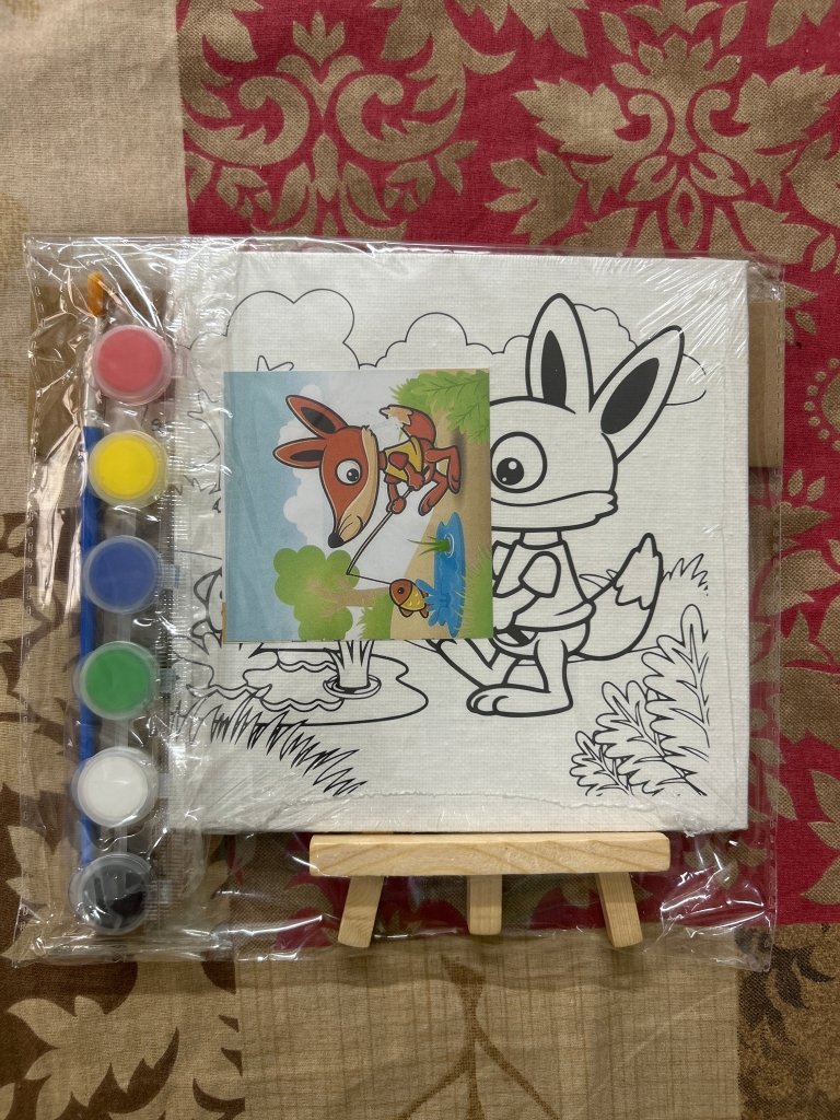 Gifthubmart Pre Printed Canvas Easel product with white canvas and cartoon print, includes paint set