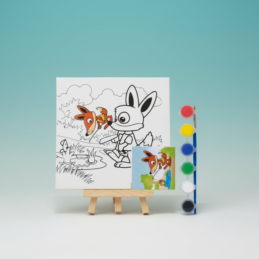 Gifthubmart Pre Printed Canvas Easel product with white canvas and cartoon print, includes paint set