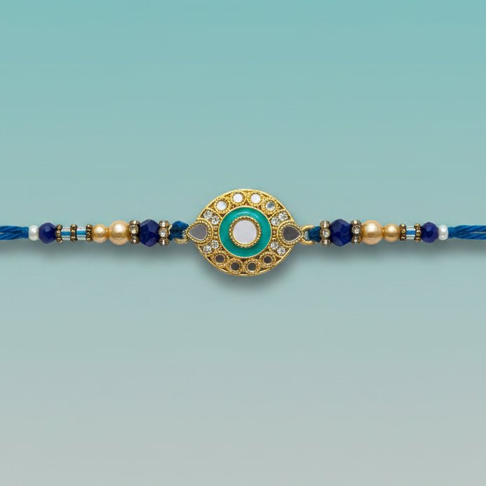 Gifthubmart Stone Sadi Rakhi 65B with teal centerpiece and beaded cord