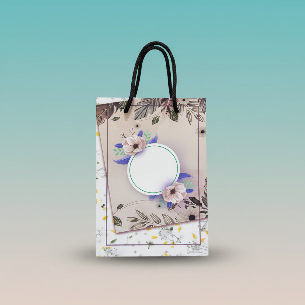 White With Beige Floral Paper Bag 5*7*2.5 inch by Gift Hub Mart