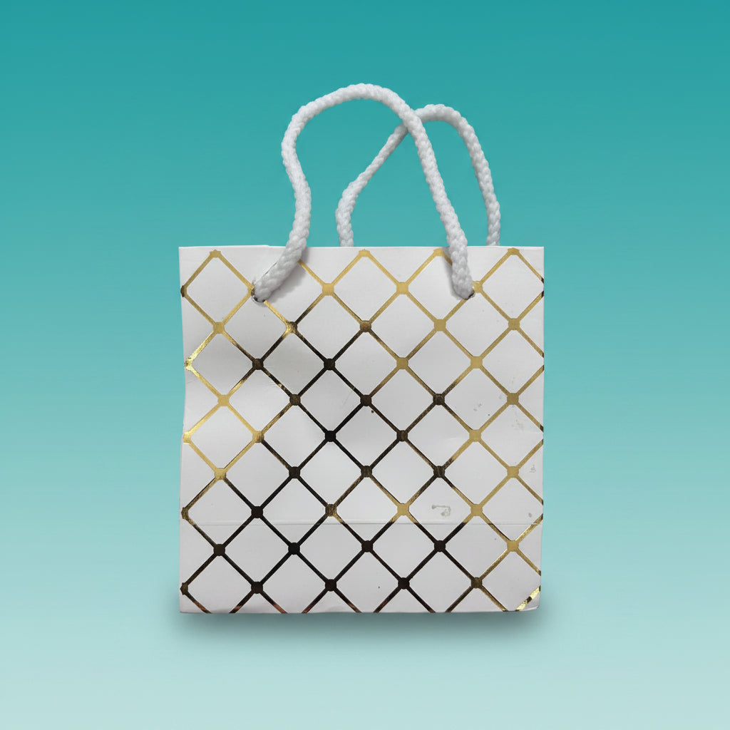 White With Golden Checks Mini Paper Bag 12.5*12.5 cm by Gift Hub Mart